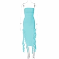 Detail of light blue bodycon dress with ruffled edges and asymmetric hemline - Sky Blue