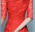 Elegant red lace evening dress featuring floral patterns and a slim fit silhouette - S / Red