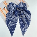 Retro navy blue paisley print bow hair clip with long ribbons on a white display card - Navy Blue Paisley Print Ribbon