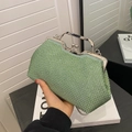 Elegant green rhinestone shell clutch bag with silver metal frame and chain strap - Green