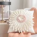 Detail of white square floral pillow cover with pink 3D flower petals on a pink blanket - Standard White Pink Center Square Sunflower (Cover Only) / 18x18 Inch