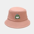 Close-up of pink cotton sun hat featuring cute cartoon frog embroidery and stitched brim - M (56-58cm) / Pink