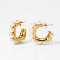 Gold plated C-shaped earrings with white pearl inlay in 316 stainless steel finish - Golden Style with Pearls (KDE2533)