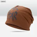 Streetwear coffee brown knit slouchy beanie with grey ROCK STAR printed lettering - STAR Style / Coffee