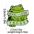 Detail of green frog enamel pin showing dimensions 2.6cm by 2.7cm and weighing 4.6g - Frog Banner