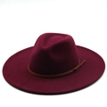 Classic wide brim wool fedora hat in dark red with a stylish brown leather band and metal buckle - Burgundy
