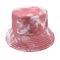 Close-up of pink and white tie-dye bucket hat fabric and reinforced brim stitching - Brick Red Tie-Dye