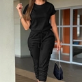 Women's black casual two-piece set featuring short sleeve top and cargo joggers outfit - S / Black