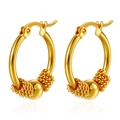 Golden geometric hoop earrings with polished gold beads and woven texture charms - Three Bead Decor Hoop Gold (MS-645)