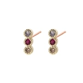 Vertical three-stone stud earrings with purple magenta and champagne zircons in gold - MAE023 Gold 3-Stone Pink/Purple