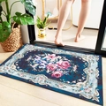 Absorbent floral bathroom mat with classical pink flower design on navy blue background - European Elegant Floral 6