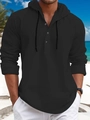 Men's casual black hooded shirt with button placket and drawstring at the beach - S / Black