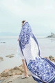 Blue and white porcelain patterned summer beach shawl in lightweight silk fabric - Blue & White Porcelain Texture Style / Burgundy / 180cm