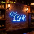 Insegna al neon LED blu BAR con bicchiere da cocktail per parete, 57x26cm - Alimentato a batteria e USB / Blu