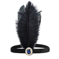 1920s Gatsby feather headband in black with sparkling fabric and blue gemstone accent - Sapphire Style Two Black Feathers Headband