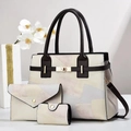 Elegantes 3-teiliges Set aus Kunstleder-Handtasche, Clutch und Kartenhalter mit Muster - Off White/Hellgrau/Hellrosa Patchwork