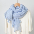 Light blue cotton linen scarf featuring white embroidery and delicate fringe details - Light Blue