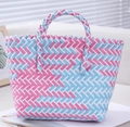 Close-up of pink and blue hand-woven basket showing colorful geometric checkered pattern - Medium (No Bow) / Pale Blue