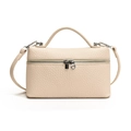Beige lychee pattern leather handbag with top handle and silver hardware accent - White