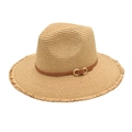 Strohhut Sommerhut mit Lederband und Fransen für den Strand und Outdoor-Aktivitäten - M(56-58cm) / Khaki
