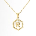 18K gold plated hexagonal necklace featuring a white shell inlay and letter R pendant - With Chain / Gold - Letter R