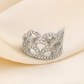 Close-up of a silver hollow crown ring featuring pavé set rhinestones on champagne satin - Silver Crown Style (KR48512-GC)
