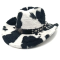 Detail of plush cow print cowboy hat with studded leather band and metal buckle - M (56-58cm) / Straight Crown Black