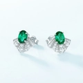 Sparkling S925 silver fan-shaped stud earrings with oval emerald green center stones - 1.41ct Main Stone / Silver Green