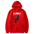 Red hooded sweatshirt with funny crow graphic and F-CAW-F text print, front pocket view - Red