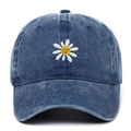 Close-up of white daisy flower embroidery on vintage washed blue denim cotton baseball cap - Adjustable / Navy Blue