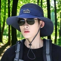 Men's wide brim navy blue sun hat in breathable quick-dry fabric for outdoor hiking - Embroidered Mountain Navy No Buckle