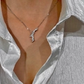 Silver bow necklace with white zircon pendant on a minimalist thin chain - Silver Pave Rhinestone Bow Knot Necklace (XL1683)