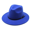 Detail of royal blue wool fedora hat with wide brim and slim black leather band - M (56-58cm) / Sapphire Blue
