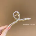 Elegant 11cm gold metal shark claw clip with white pearls for back bun hairstyles - Golden Cross Pearl Claw Clip