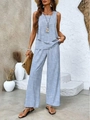 Completo due pezzi da donna con top senza maniche a righe bianche e blu e pantaloni - Taglia S / Top e Pantaloni / Strisce blu e bianche