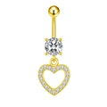 Golden belly button ring with large round crystal and hollow diamond-set heart pendant - Heart Pendant Style / Gold-Heart Dangle