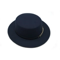 Navy wool boater hat featuring a flat brim with black ribbon and gold chain detail - M (56-58cm) / Navy Blue
