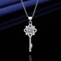 Sparkling silver-plated key pendant necklace with pave-set zircon stones and round center diamond - Xl-154 [with Cross Chain]