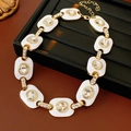 Vintage style gold necklace with white enamel square links and clear crystal stones - 49# Necklace Enamel Rhinestone Oval Fashion Splicing