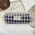 Detail of checkered canvas pencil case with cherry print and white lace trim detail - Rectangular Pencil Case / Blue
