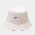 Close-up of colorful planet embroidery and fine stitching on the beige cotton bucket hat - M (56-58cm) / Beige