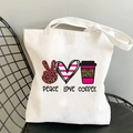 White canvas tote bag featuring Peace Love Coffee leopard print and heart design - Pink Coffee Cup Pattern Style (B100307-TBWH-M)