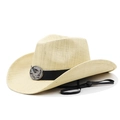 Detail of straw cowboy hat featuring a black leather band and metal eagle emblem - M(56-58cm) / Beige (JX93635)