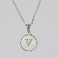 Silver stainless steel necklace featuring a round mother of pearl pendant with letter V - Silver White Shell Letter V
