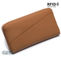 Brown leather long RFID wallet with star-shaped zipper and pebbled texture finish - Brown