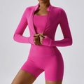 Set yoga 3 pezzi rosa fenicottero con giacca zip, reggiseno sportivo e pantaloncini a vita alta - 10/M / Manica Lunga + Reggiseno + Pantaloncini Magenta