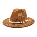 Cappello fedora marrone pitonato con cordino bianco e catena in metallo dorato - M (56-58cm) / Cachi
