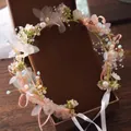 Elegant floral flower girl wreath with pink silk petals, pearls and ribbons for weddings - Headband / Fruit Green Pearl Flower Streamer
