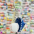 Mini baseball keychain set with white ball, blue leather glove and wooden bat charms - Small Baseball Glove and Bat Set / Blue