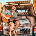 Bohemian style knitted camping blanket with geometric patterns on a cozy camper van bed - Sucre (Beige Jacquard) / 160*130CM
